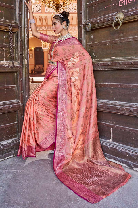 VastraLakshmi Opulent Peach Soft Banarasi Silk Saree With Flamboyant Blouse Piece