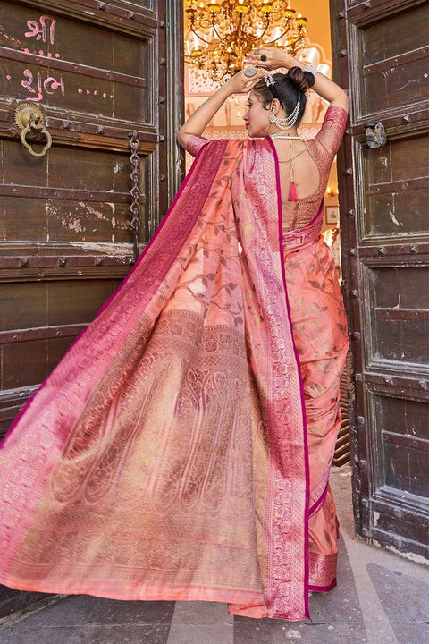 VastraLakshmi Opulent Peach Soft Banarasi Silk Saree With Flamboyant Blouse Piece