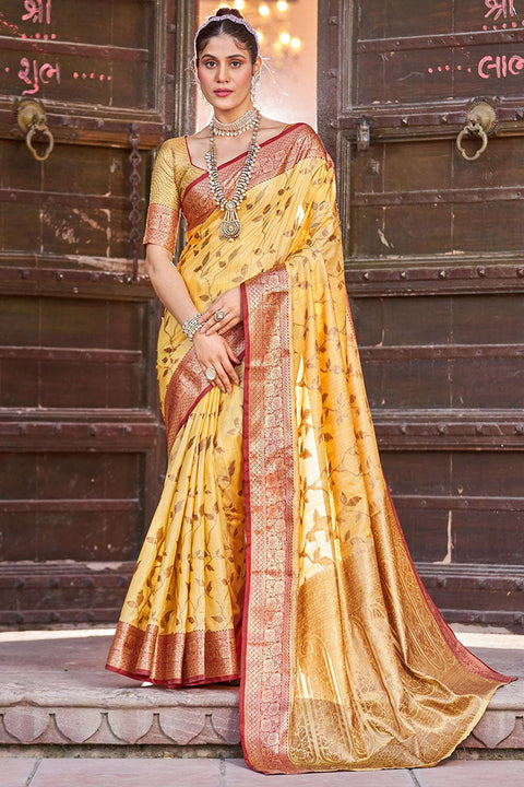 VastraLakshmi Blooming Yellow Soft Banarasi Silk Saree With Preferable Blouse Piece