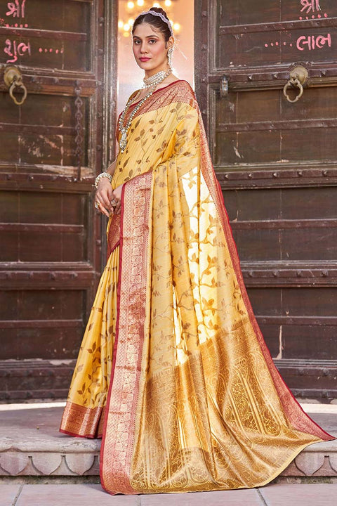 VastraLakshmi Blooming Yellow Soft Banarasi Silk Saree With Preferable Blouse Piece