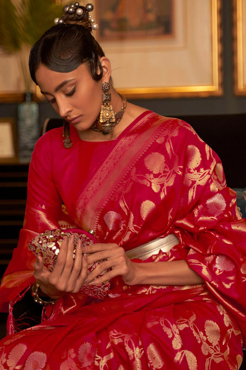 VastraLakshmi Girlish Red Soft Banarasi Silk Saree With Dazzling Blouse Piece