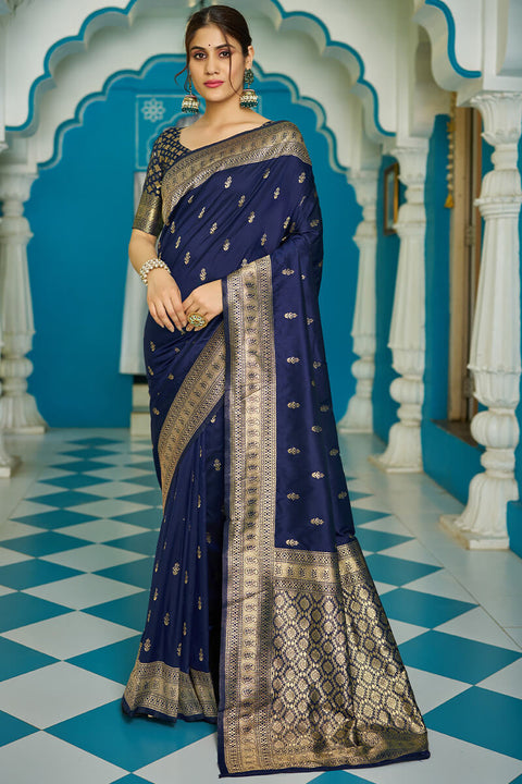 VastraLakshmi Panoply Navy Blue Banarasi Silk Saree With Staggering Blouse Piece