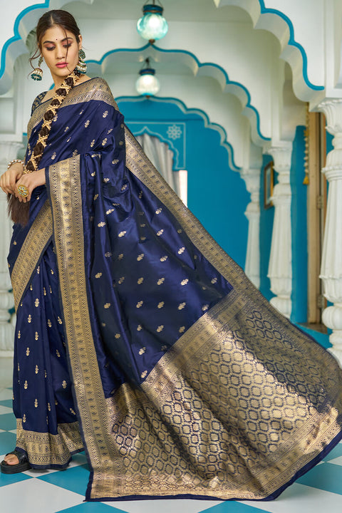 VastraLakshmi Panoply Navy Blue Banarasi Silk Saree With Staggering Blouse Piece