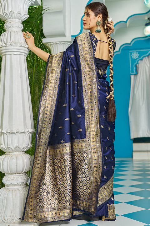 VastraLakshmi Panoply Navy Blue Banarasi Silk Saree With Staggering Blouse Piece