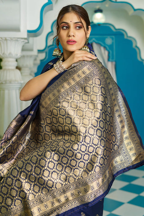 VastraLakshmi Panoply Navy Blue Banarasi Silk Saree With Staggering Blouse Piece