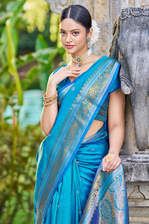 VastraLakshmi Energetic Firozi Kanjivaram Silk Saree With Traditional Blouse Piece