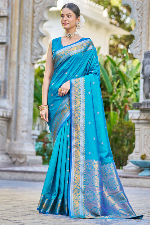 VastraLakshmi Energetic Firozi Kanjivaram Silk Saree With Traditional Blouse Piece