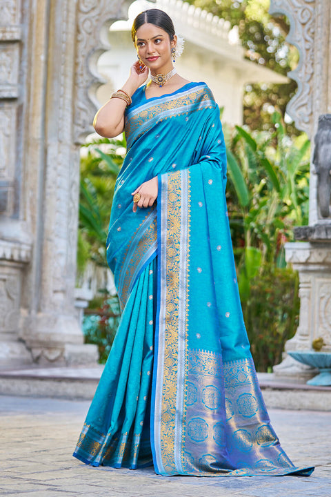 VastraLakshmi Energetic Firozi Kanjivaram Silk Saree With Traditional Blouse Piece