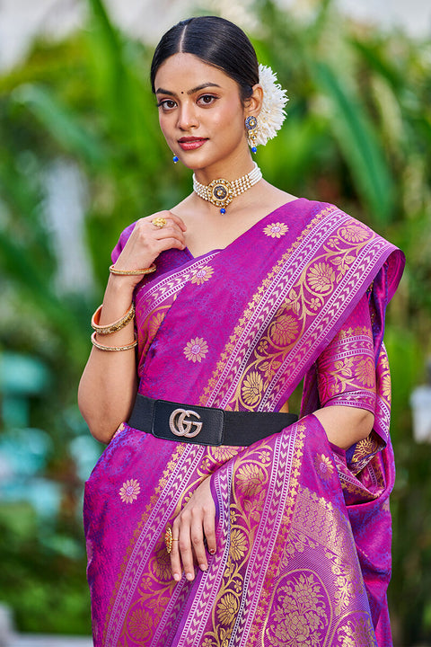 VastraLakshmi Deserving Purple Kanjivaram Silk Saree With Epiphany Blouse Piece