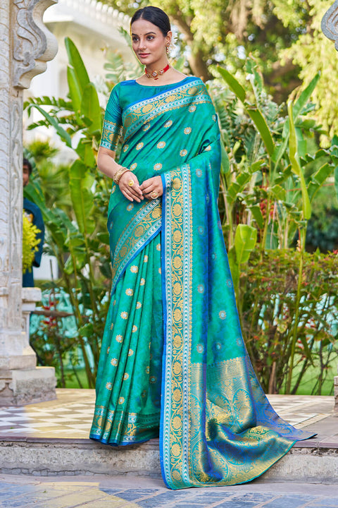 VastraLakshmi Arresting Rama Kanjivaram Silk Saree With Palimpsest Blouse Piece