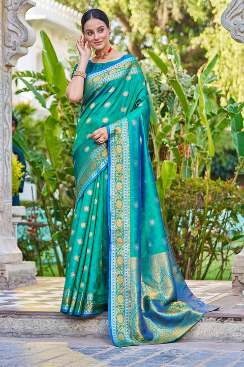 VastraLakshmi Arresting Rama Kanjivaram Silk Saree With Palimpsest Blouse Piece