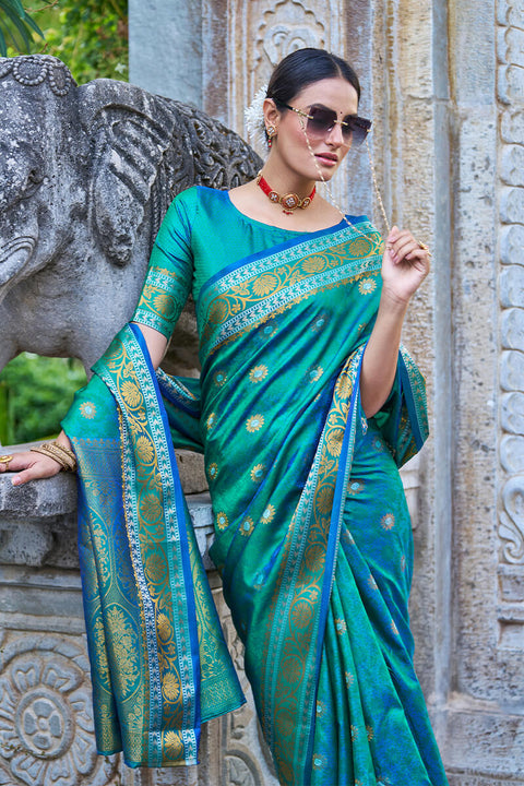 VastraLakshmi Arresting Rama Kanjivaram Silk Saree With Palimpsest Blouse Piece