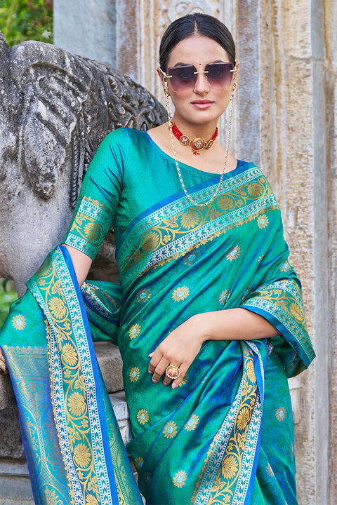 VastraLakshmi Arresting Rama Kanjivaram Silk Saree With Palimpsest Blouse Piece