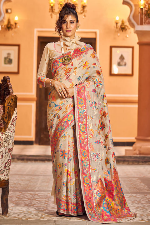 VastraLakshmi Elegant Beige Linen Silk Saree With Surpassing Blouse Piece