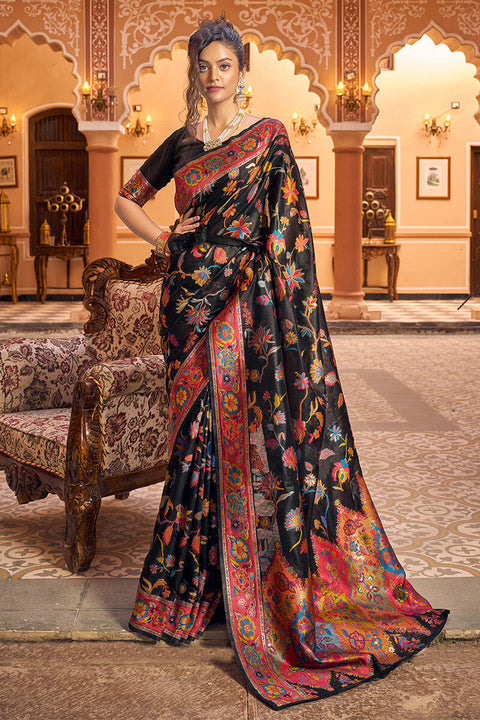 VastraLakshmi Precious Black Linen Silk Saree With Blooming Blouse Piece