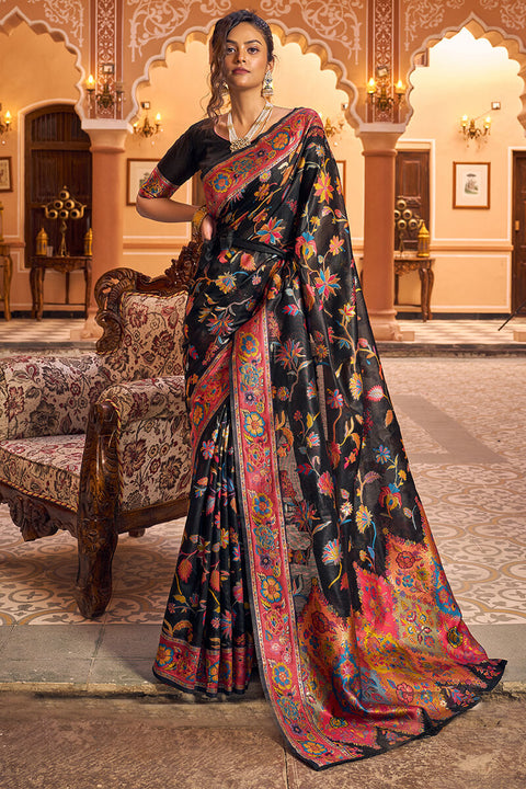 VastraLakshmi Precious Black Linen Silk Saree With Blooming Blouse Piece