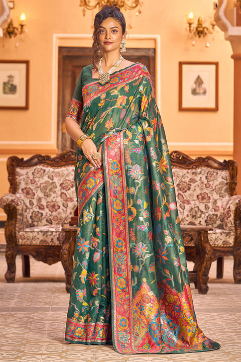 VastraLakshmi Extraordinary Dark Green Linen Silk Saree With Ethnic Blouse Piece