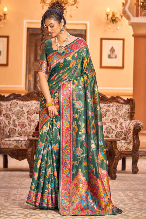 VastraLakshmi Extraordinary Dark Green Linen Silk Saree With Ethnic Blouse Piece