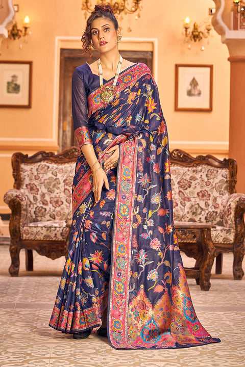 VastraLakshmi Lovely Navy Blue Linen Silk Saree With Engrossing Blouse Piece