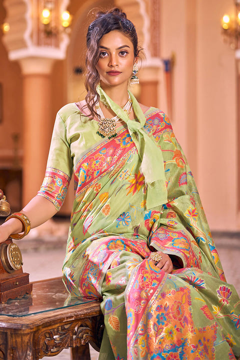 VastraLakshmi Dazzling Pista Linen Silk Saree With Flamboyant Blouse Piece