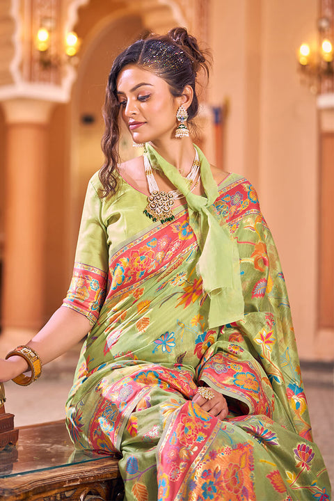 VastraLakshmi Dazzling Pista Linen Silk Saree With Flamboyant Blouse Piece