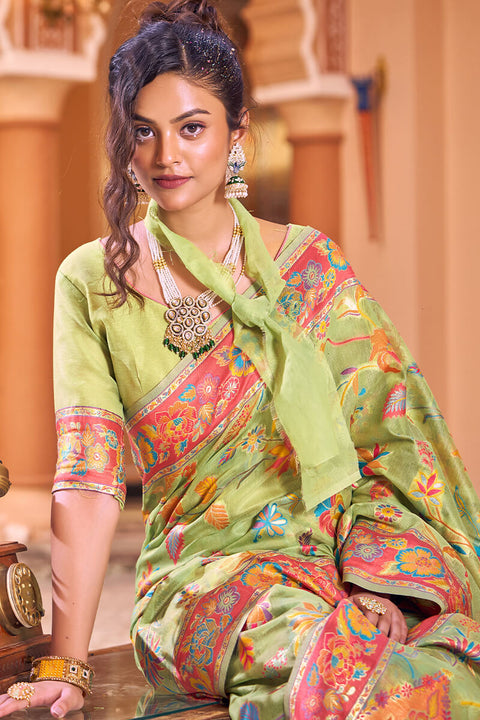 VastraLakshmi Dazzling Pista Linen Silk Saree With Flamboyant Blouse Piece