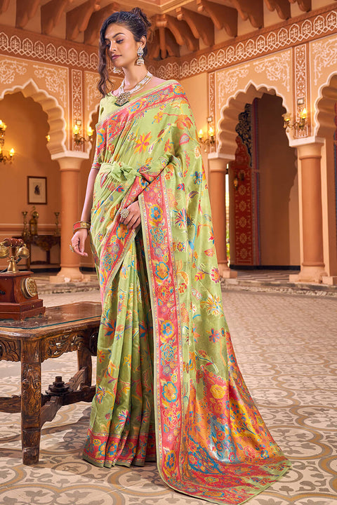 VastraLakshmi Dazzling Pista Linen Silk Saree With Flamboyant Blouse Piece