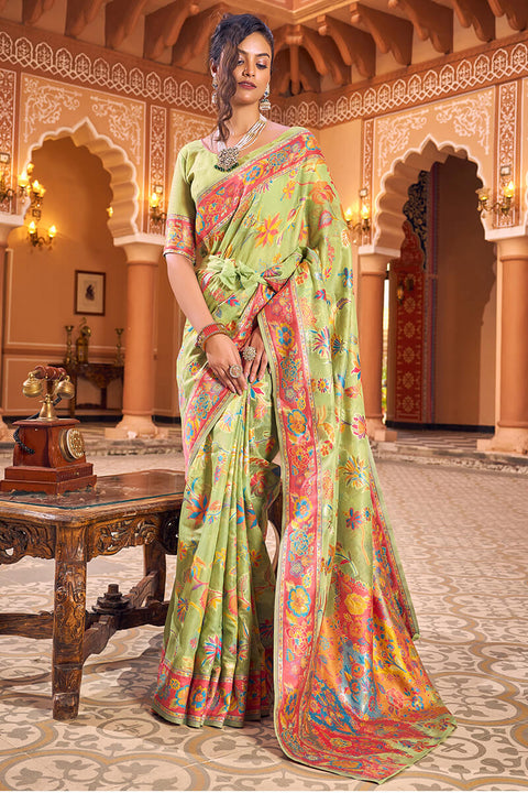 VastraLakshmi Dazzling Pista Linen Silk Saree With Flamboyant Blouse Piece