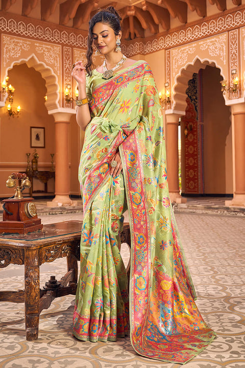 VastraLakshmi Dazzling Pista Linen Silk Saree With Flamboyant Blouse Piece