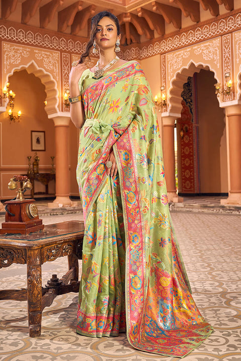 VastraLakshmi Dazzling Pista Linen Silk Saree With Flamboyant Blouse Piece