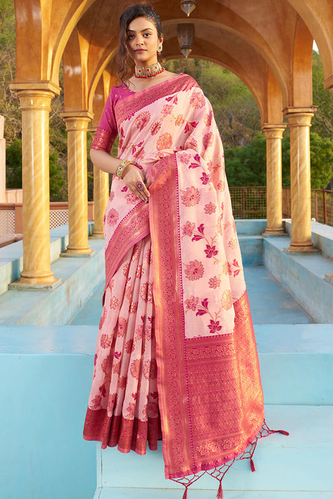 VastraLakshmi Panoply Baby Pink Organza Silk Saree With Lissome Blouse Piece