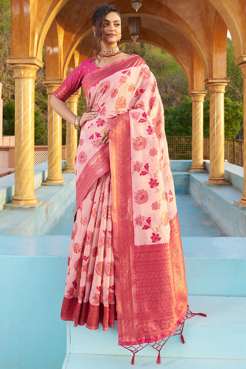 VastraLakshmi Panoply Baby Pink Organza Silk Saree With Lissome Blouse Piece