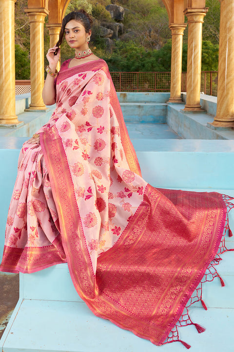 VastraLakshmi Panoply Baby Pink Organza Silk Saree With Lissome Blouse Piece