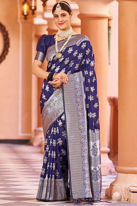 VastraLakshmi Fragrant Navy Blue Banarasi Silk Saree with Improbable Blouse Piece