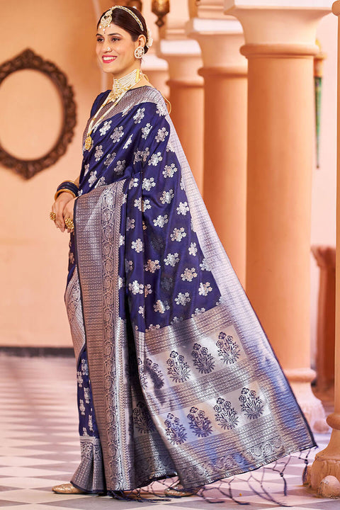 VastraLakshmi Fragrant Navy Blue Banarasi Silk Saree with Improbable Blouse Piece