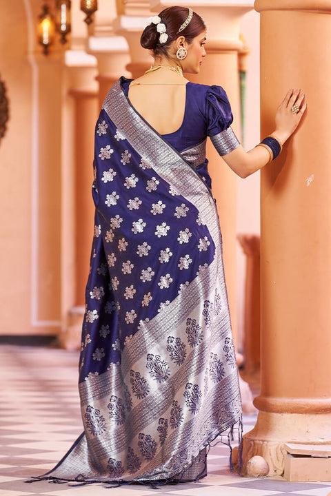 VastraLakshmi Fragrant Navy Blue Banarasi Silk Saree with Improbable Blouse Piece