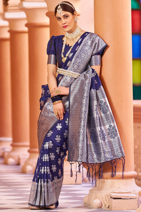 VastraLakshmi Fragrant Navy Blue Banarasi Silk Saree with Improbable Blouse Piece