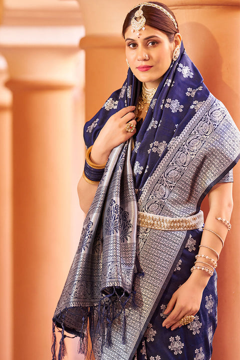 VastraLakshmi Fragrant Navy Blue Banarasi Silk Saree with Improbable Blouse Piece