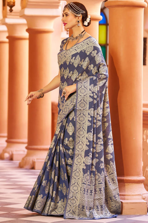 VastraLakshmi Fancifull Navy Blue Lucknowi work Silk Saree With Demanding Blouse Piece