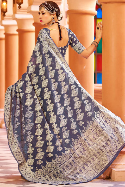 VastraLakshmi Fancifull Navy Blue Lucknowi work Silk Saree With Demanding Blouse Piece