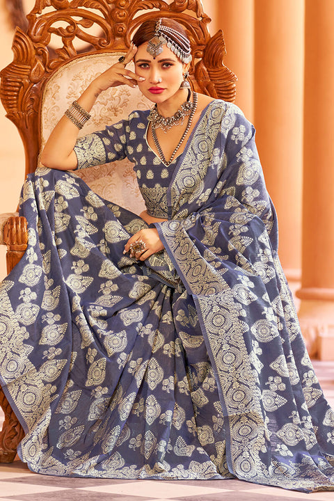 VastraLakshmi Fancifull Navy Blue Lucknowi work Silk Saree With Demanding Blouse Piece