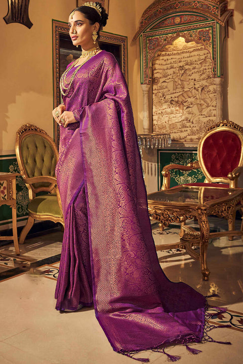 VastraLakshmi Denouement Purple Kanjivaram Silk Saree With Felicitous Blouse Piece