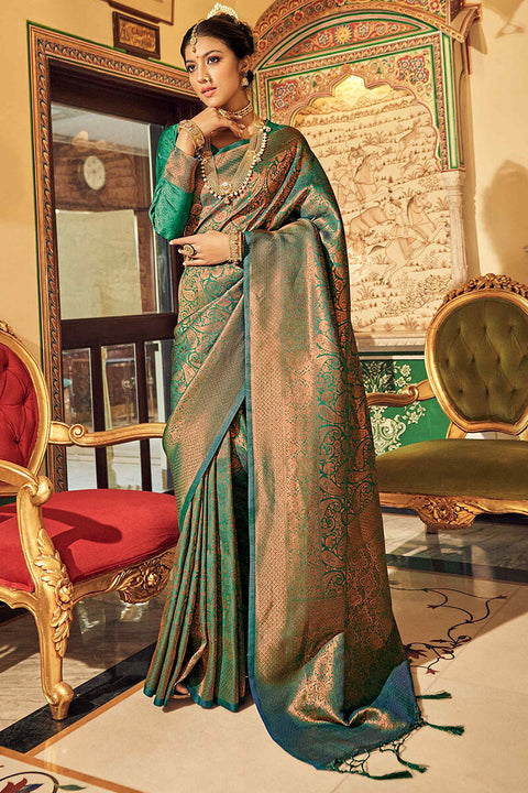 VastraLakshmi Profuse Dark Green Kanjivaram Silk Saree With Exuberant Blouse Piece