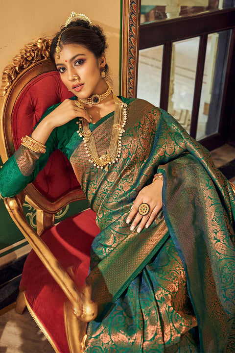 VastraLakshmi Profuse Dark Green Kanjivaram Silk Saree With Exuberant Blouse Piece