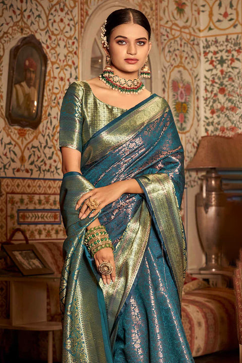 VastraLakshmi Extraordinary Rama Kanjivaram Silk Saree With Gorgeous Blouse Piece