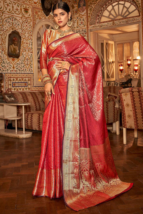 VastraLakshmi Designer Red Kanjivaram Silk Saree With Arresting Blouse Piece