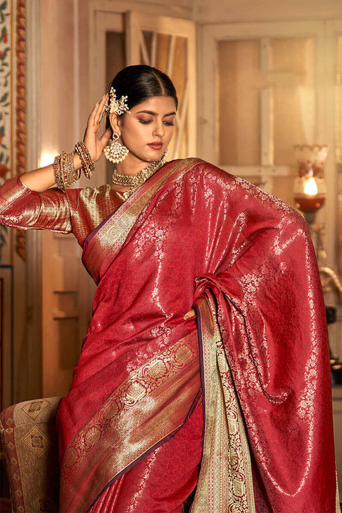 VastraLakshmi Designer Red Kanjivaram Silk Saree With Arresting Blouse Piece