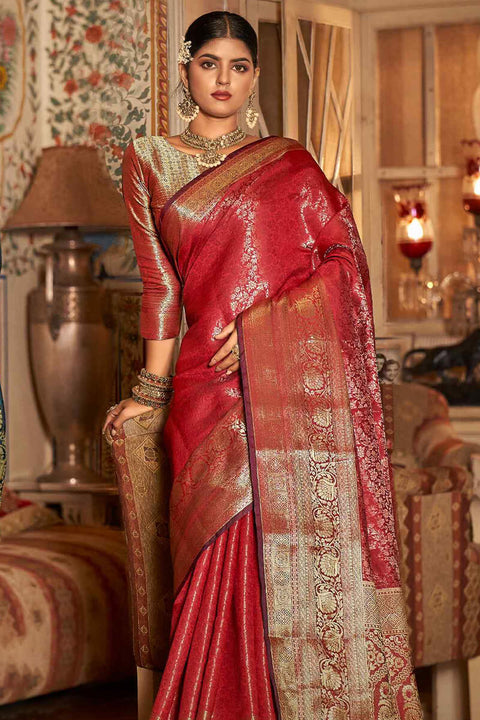 VastraLakshmi Designer Red Kanjivaram Silk Saree With Arresting Blouse Piece