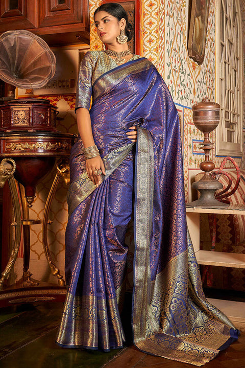 VastraLakshmi Opulent Blue Kanjivaram Silk Saree With Blissful Blouse Piece