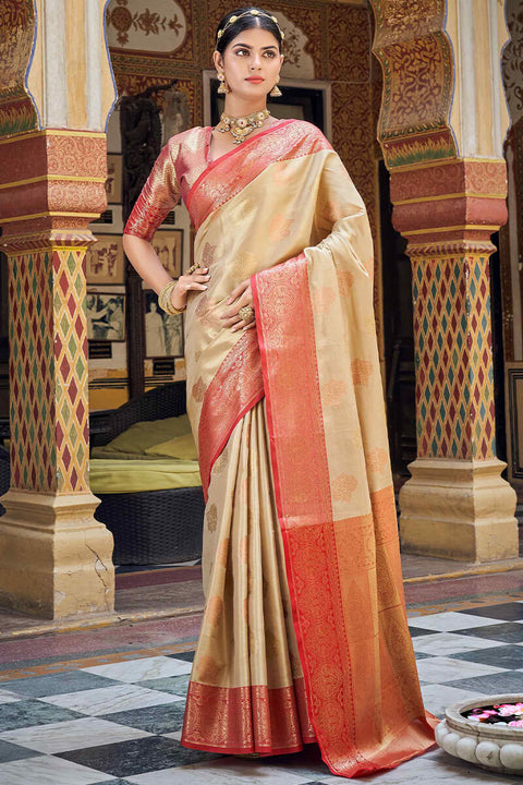 VastraLakshmi Lissome Beige Soft Banarasi Silk Saree With Petrichor Blouse Piece